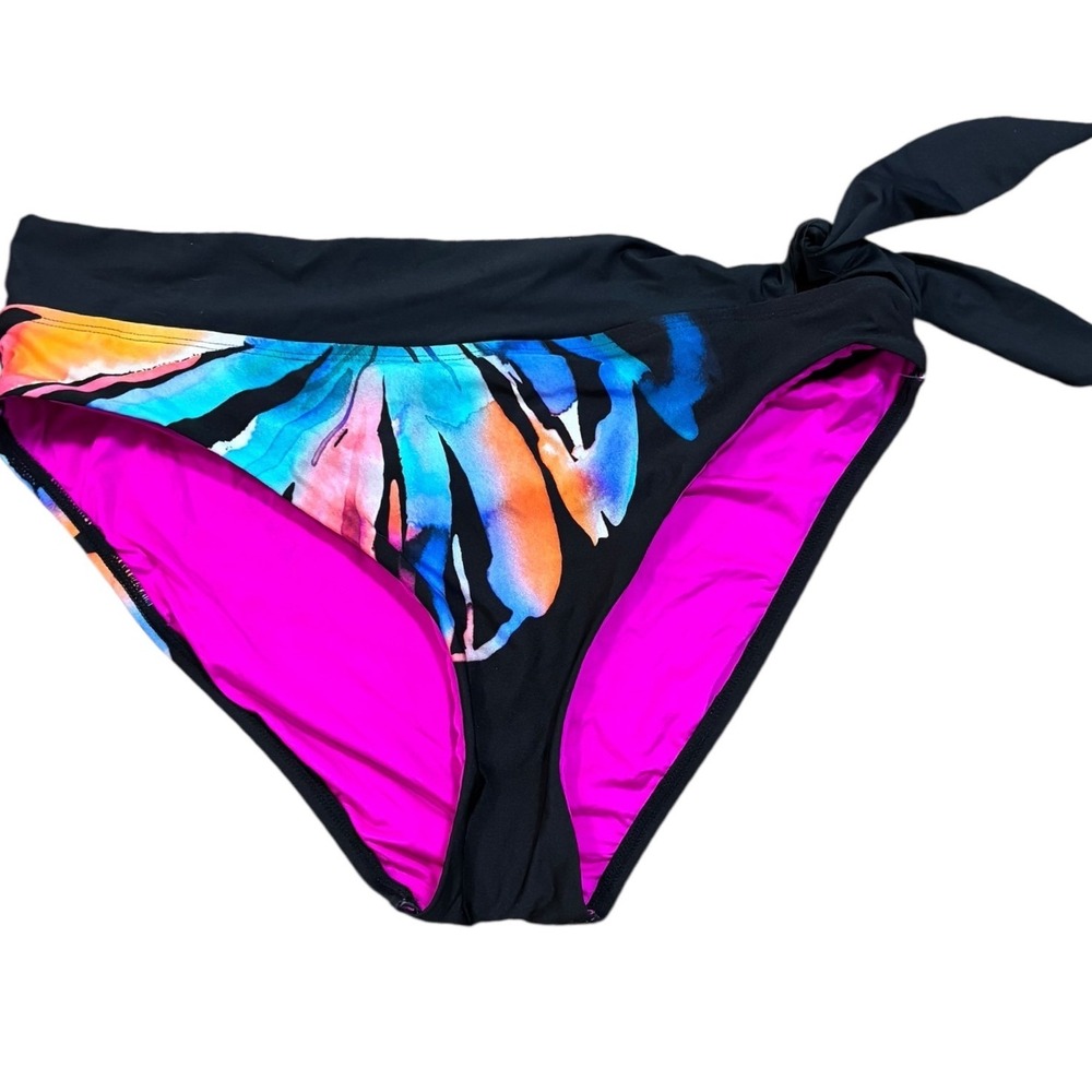 La Blanca Floral Tie Side Bikini Bottom, Black Multicolor Swimsuit Size 12 NWT